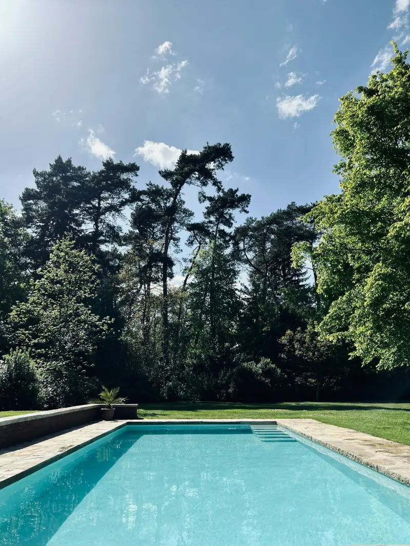 Outdoor swimming pool surrounded by lawns and mature pines