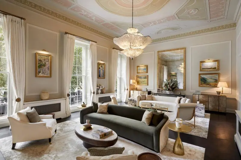 Grand London drawing room with painted ceiling, chandelier and tall sash windows