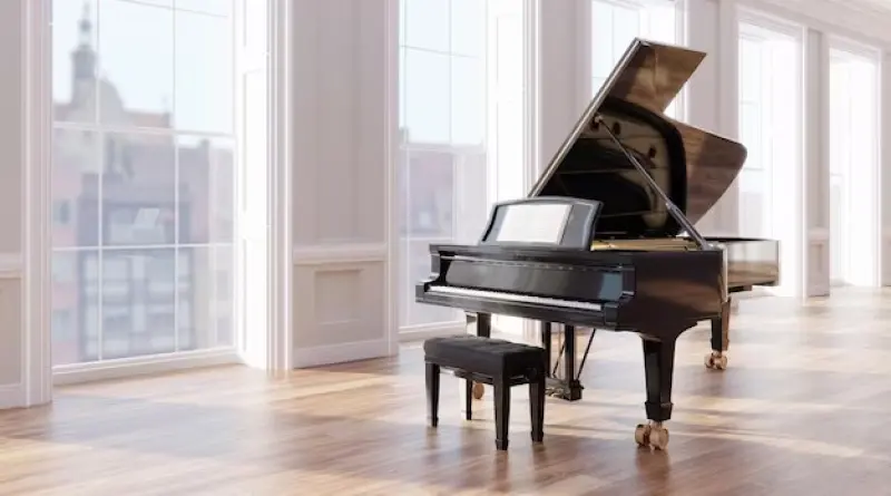 Grand piano in a bright panelled room with tall windows